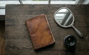 desk with a notebook, a mirror and a lens